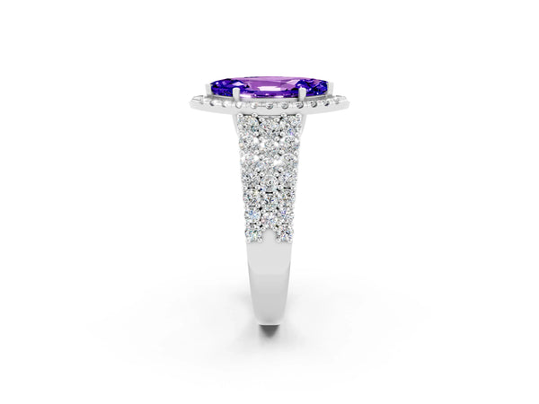 White gold Marquise Cut Tanzanite Halo Engagement Ring with Triple Row Round Pavé Band and Prong Setting