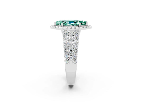 White gold Marquise Cut Green Sapphire Halo Engagement Ring with Triple Row Round Pavé Band and Prong Setting