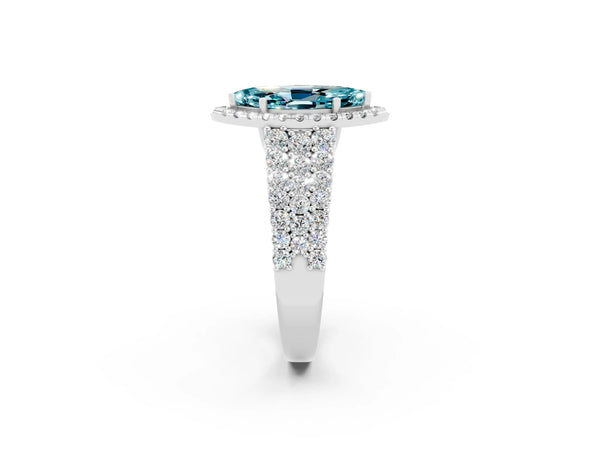 Platinum Marquise Cut Halo Pavé Diamond Engagement Ring with Split Shank and Four-Prong Setting