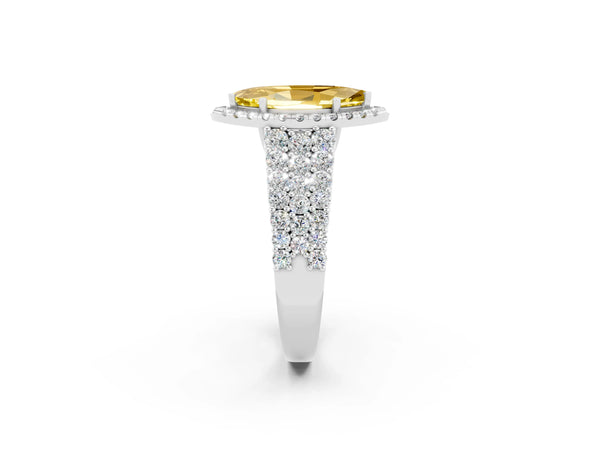 Platinum Marquise Cut Yellow Sapphire Halo Engagement Ring with Triple Row Round Pavé Band and Prong Setting