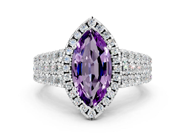 Platinum Marquise Cut Amethyst Halo Engagement Ring with Triple Row Round Pavé Band and Prong Setting