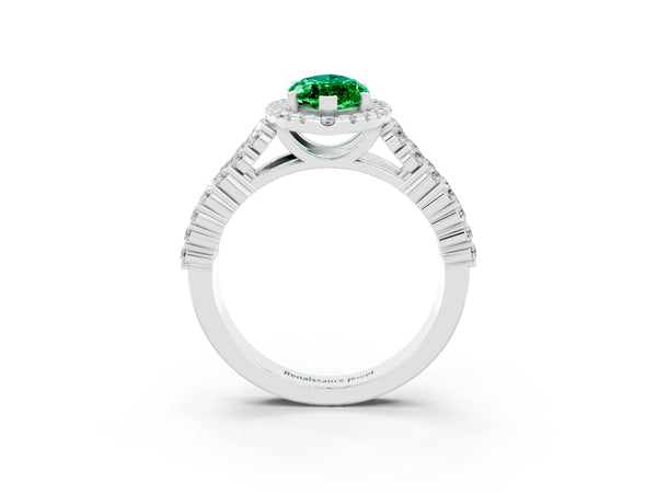 Platinum Marquise Cut Emerald Halo Engagement Ring with Triple Row Round Pavé Band and Prong Setting