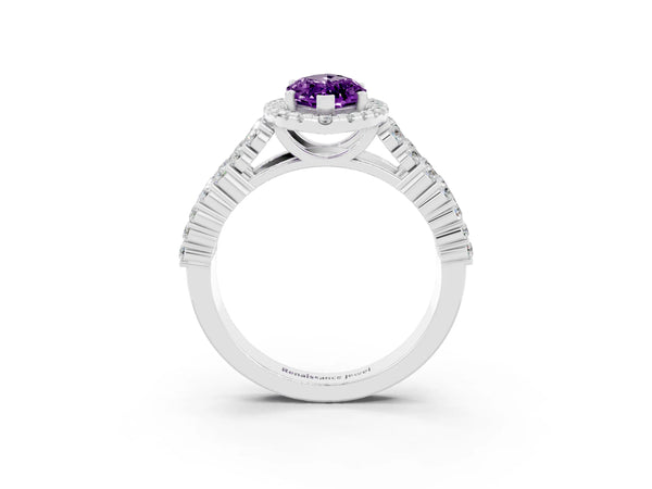 Platinum Marquise Cut Amethyst Halo Engagement Ring with Triple Row Round Pavé Band and Prong Setting
