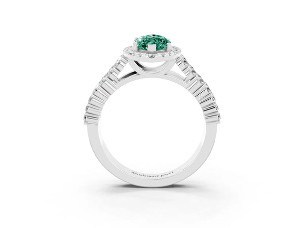 Silver Marquise Cut Green Sapphire Halo Engagement Ring with Triple Row Round Pavé Band and Prong Setting
