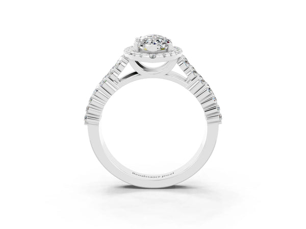 Platinum Marquise Cut Moissanite Halo Engagement Ring with Triple Row Round Pavé Band and Prong Setting