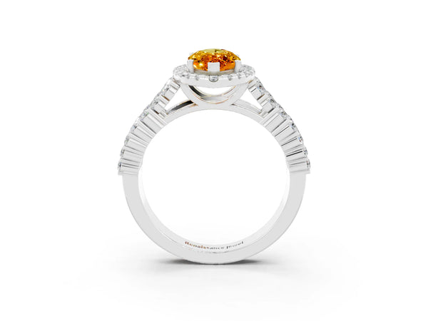 Silver Marquise Cut Citrine Halo Engagement Ring with Triple Row Round Pavé Band and Prong Setting