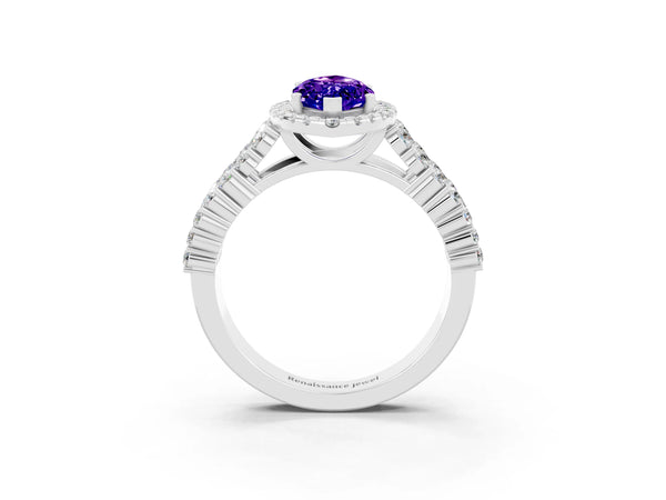 White gold Marquise Cut Tanzanite Halo Engagement Ring with Triple Row Round Pavé Band and Prong Setting