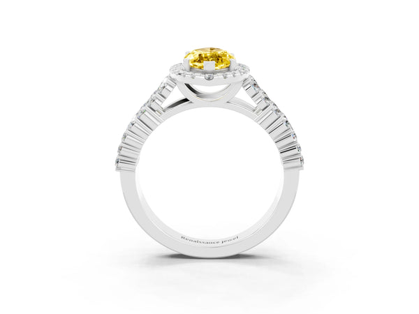 Silver Marquise Cut Yellow Sapphire Halo Engagement Ring with Triple Row Round Pavé Band and Prong Setting
