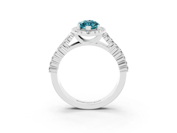 White gold Marquise Cut Halo Pavé Diamond Engagement Ring with Split Shank and Four-Prong Setting