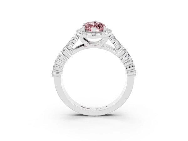 Silver Marquise Cut Halo Pavé Diamond Engagement Ring with Split Shank and Four-Prong Setting