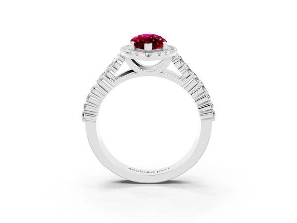 White gold Marquise Cut Garnet Halo Engagement Ring with Triple Row Round Pavé Band and Prong Setting