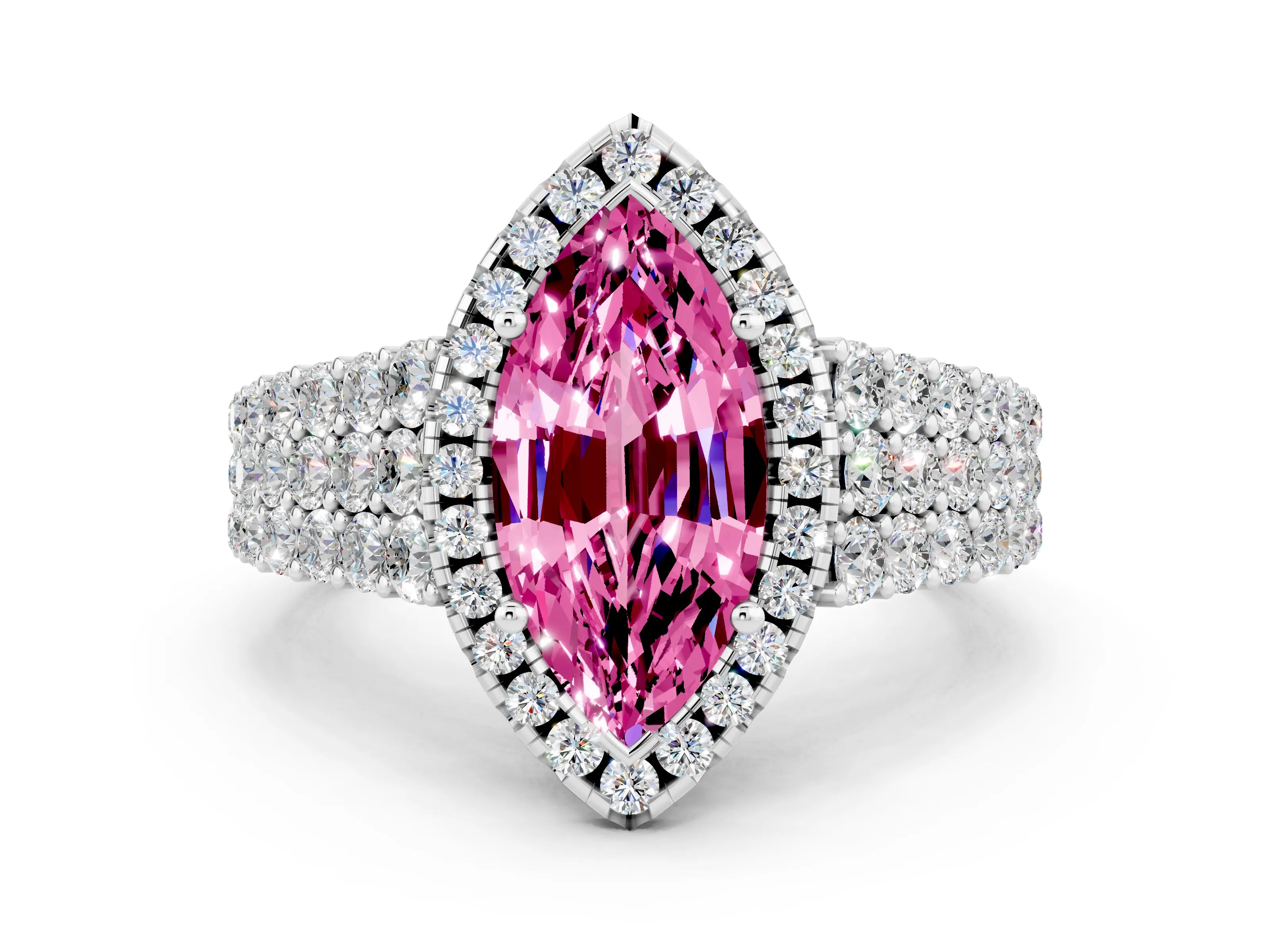 White gold Marquise Cut Halo Pavé Diamond Engagement Ring with Split Shank and Four-Prong Setting