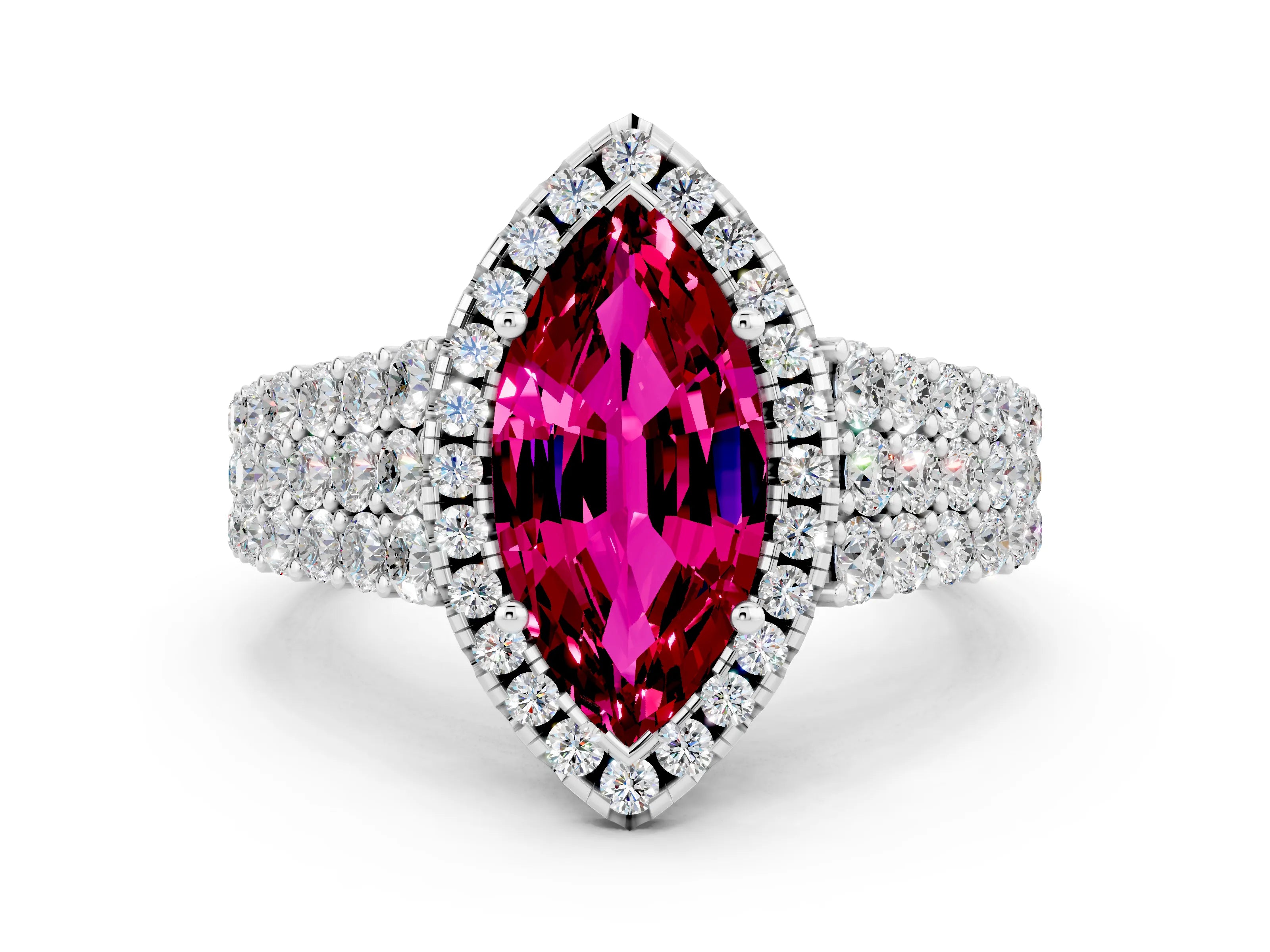 White gold Marquise Cut Halo Pavé Diamond Engagement Ring with Split Shank and Four-Prong Setting