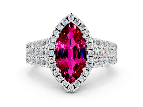 Silver Marquise Cut Garnet Halo Engagement Ring with Triple Row Round Pavé Band and Prong Setting