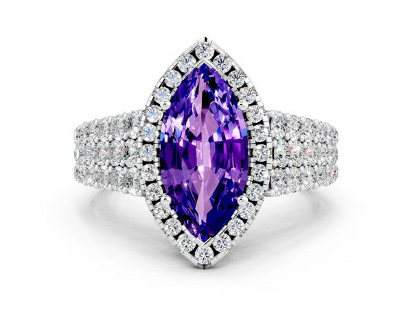 Silver Marquise Cut Tanzanite Halo Engagement Ring with Triple Row Round Pavé Band and Prong Setting
