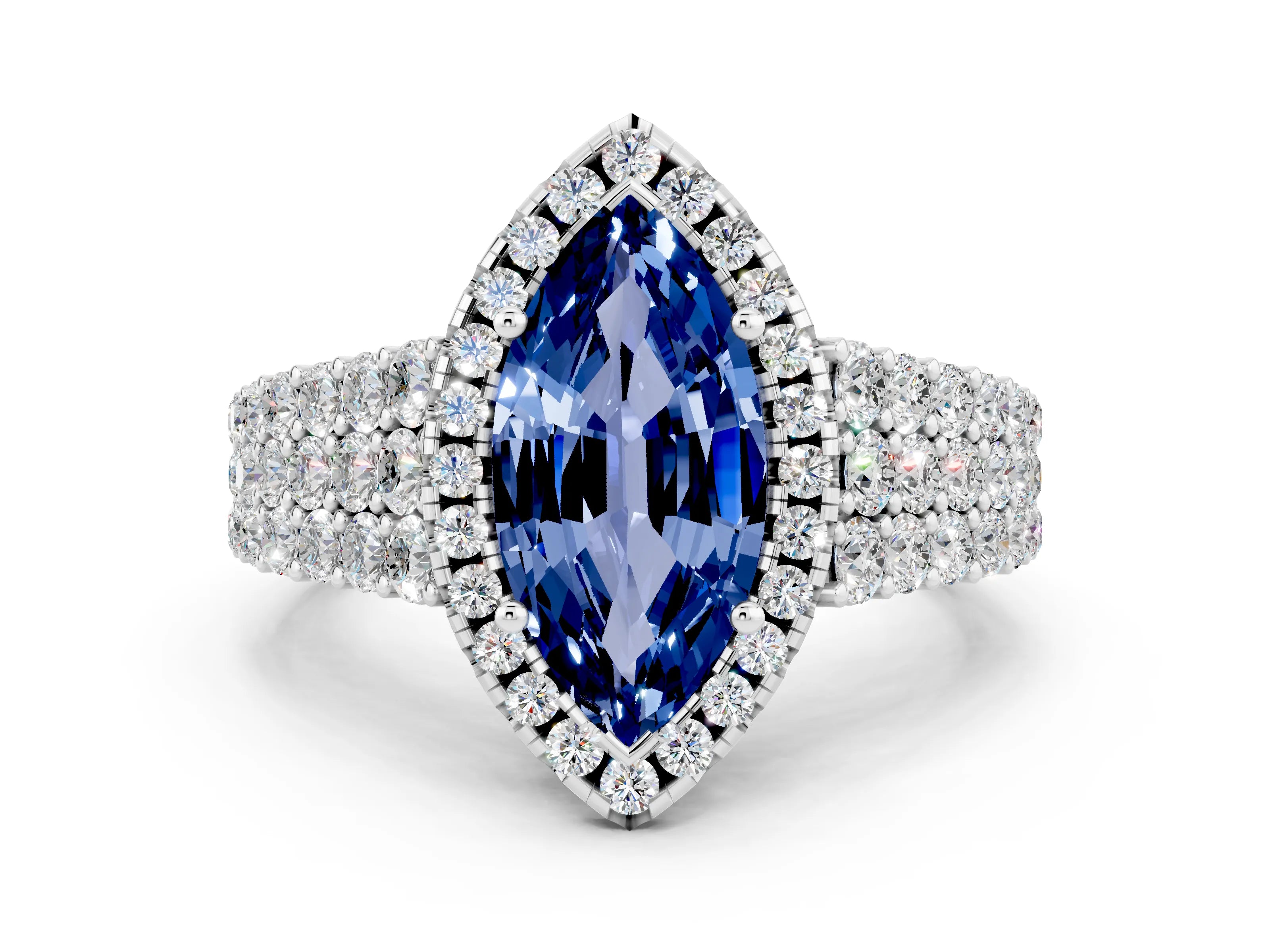 White gold Marquise Cut Halo Pavé Diamond Engagement Ring with Split Shank and Four-Prong Setting