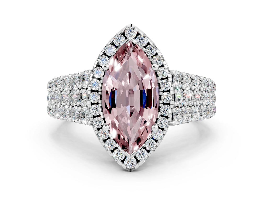 White gold Marquise Cut Halo Pavé Diamond Engagement Ring with Split Shank and Four-Prong Setting
