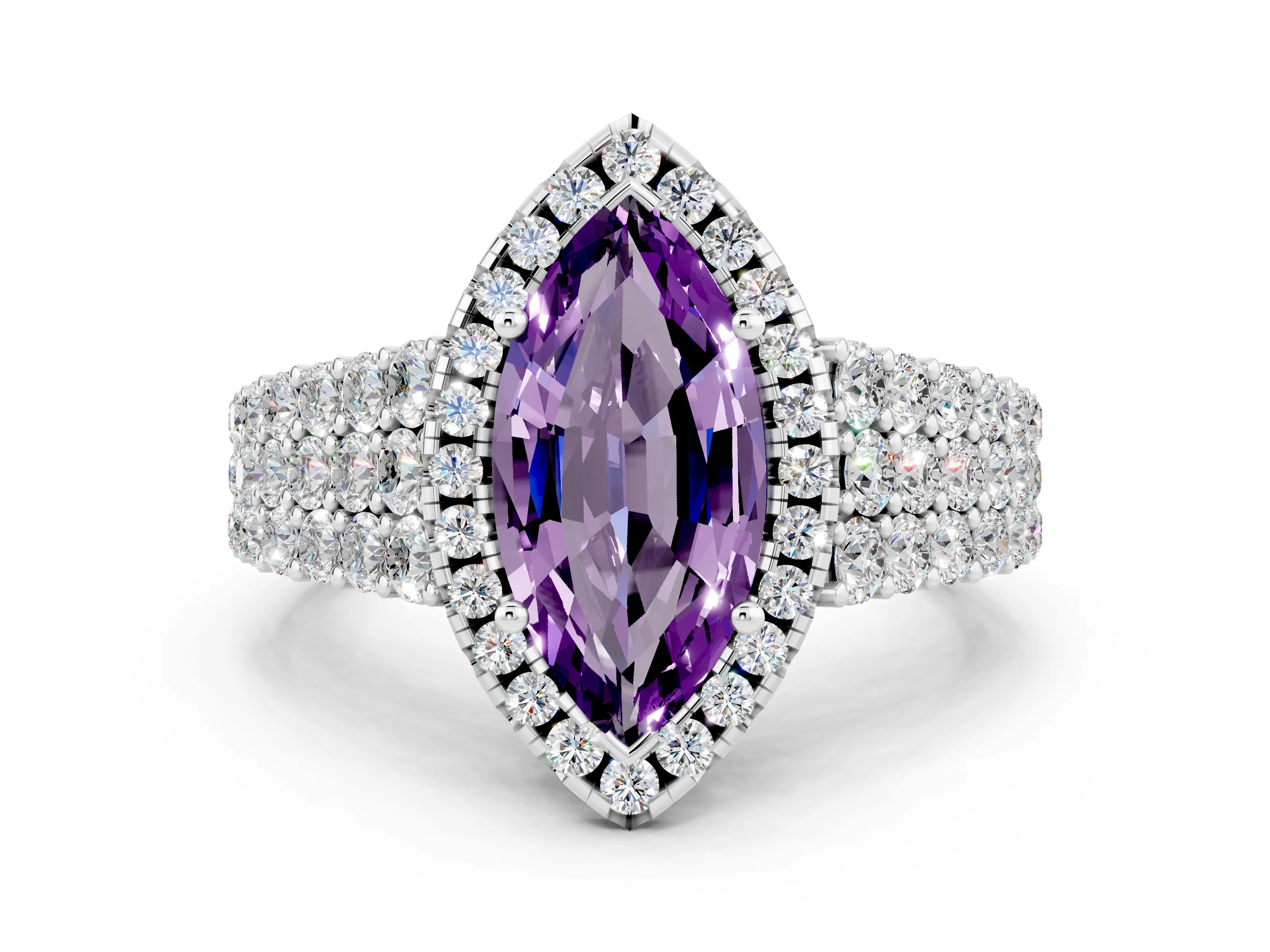 White gold Marquise Cut Halo Pavé Diamond Engagement Ring with Split Shank and Four-Prong Setting