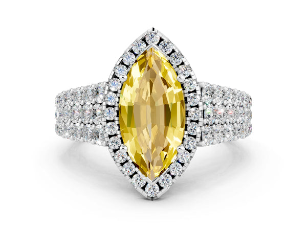 Platinum Marquise Cut Yellow Sapphire Halo Engagement Ring with Triple Row Round Pavé Band and Prong Setting