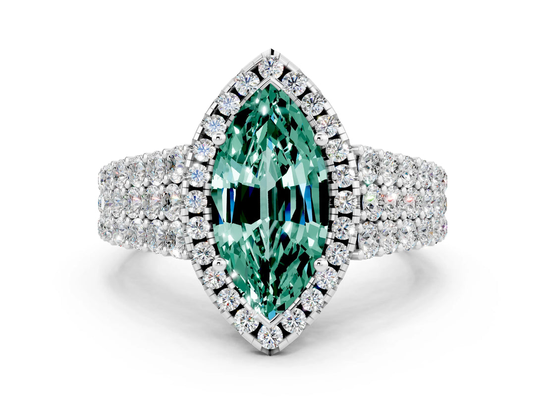 White gold Marquise Cut Halo Pavé Diamond Engagement Ring with Split Shank and Four-Prong Setting