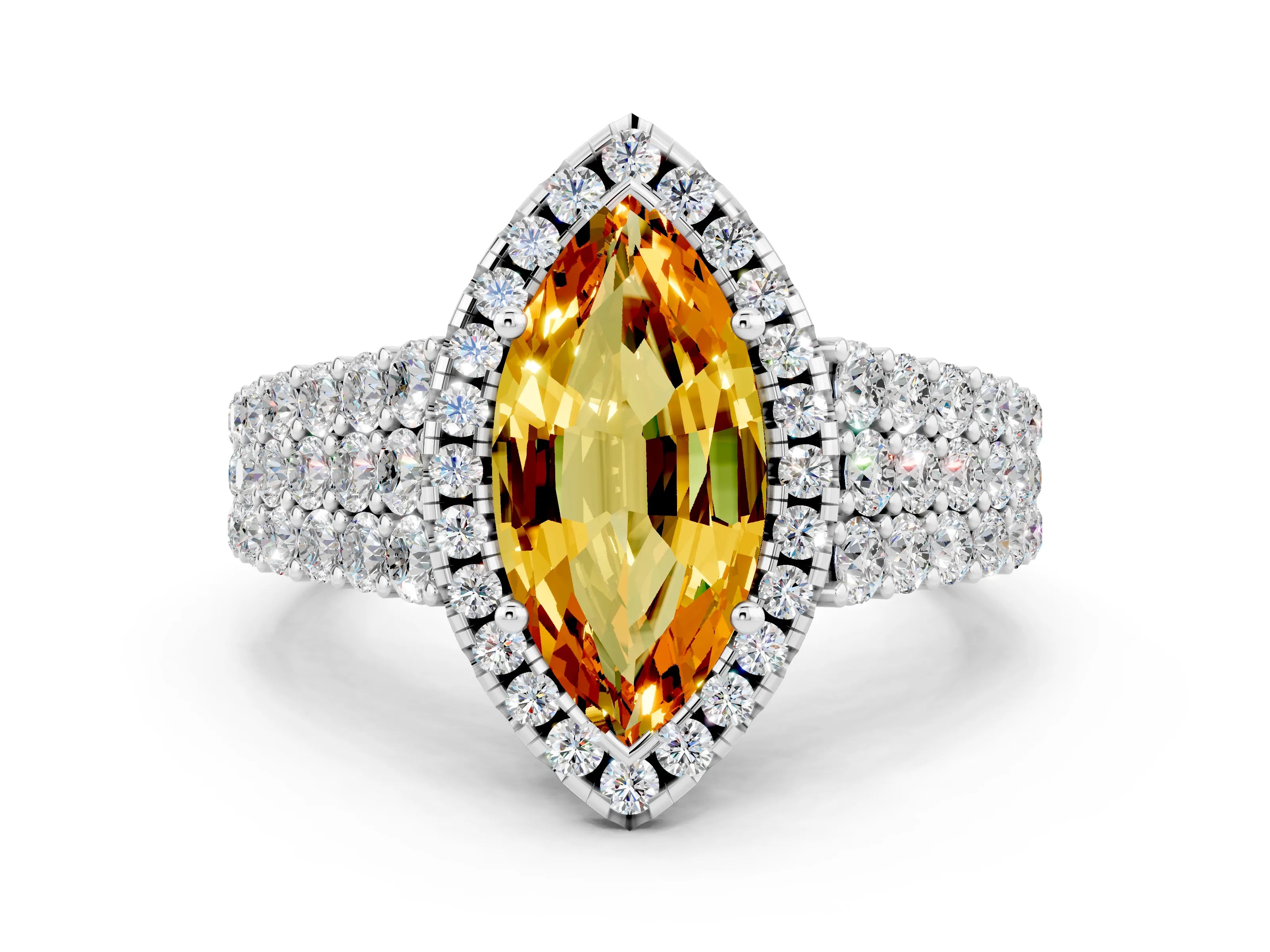 White gold Marquise Cut Halo Pavé Diamond Engagement Ring with Split Shank and Four-Prong Setting