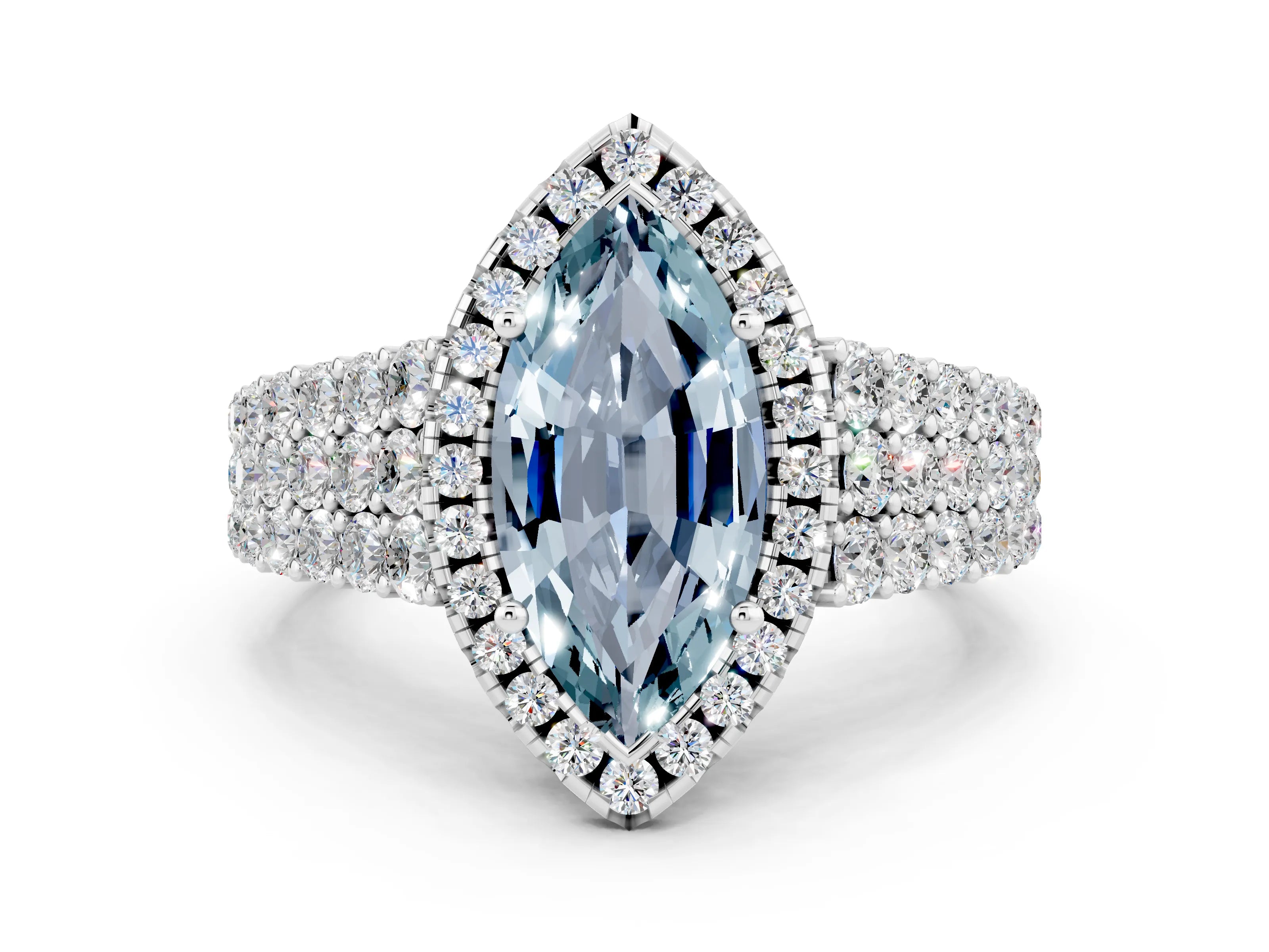 White gold Marquise Cut Halo Pavé Diamond Engagement Ring with Split Shank and Four-Prong Setting