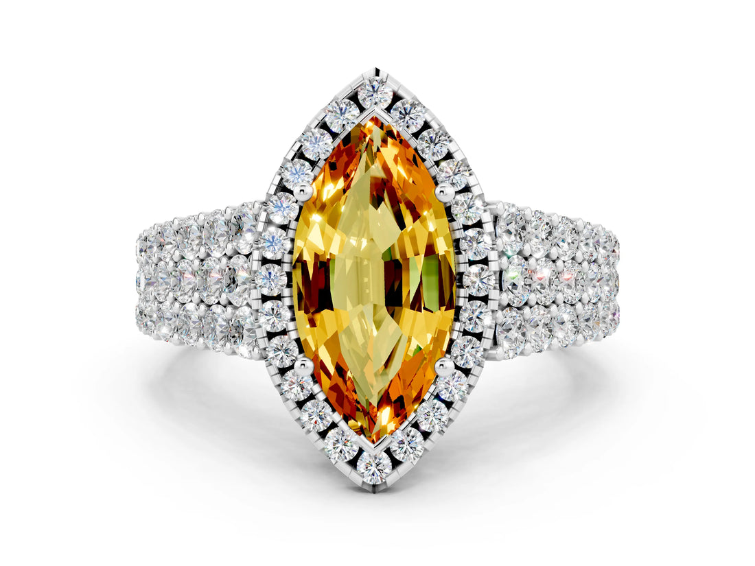 White gold Marquise Cut Halo Pavé Diamond Engagement Ring with Split Shank and Four-Prong Setting