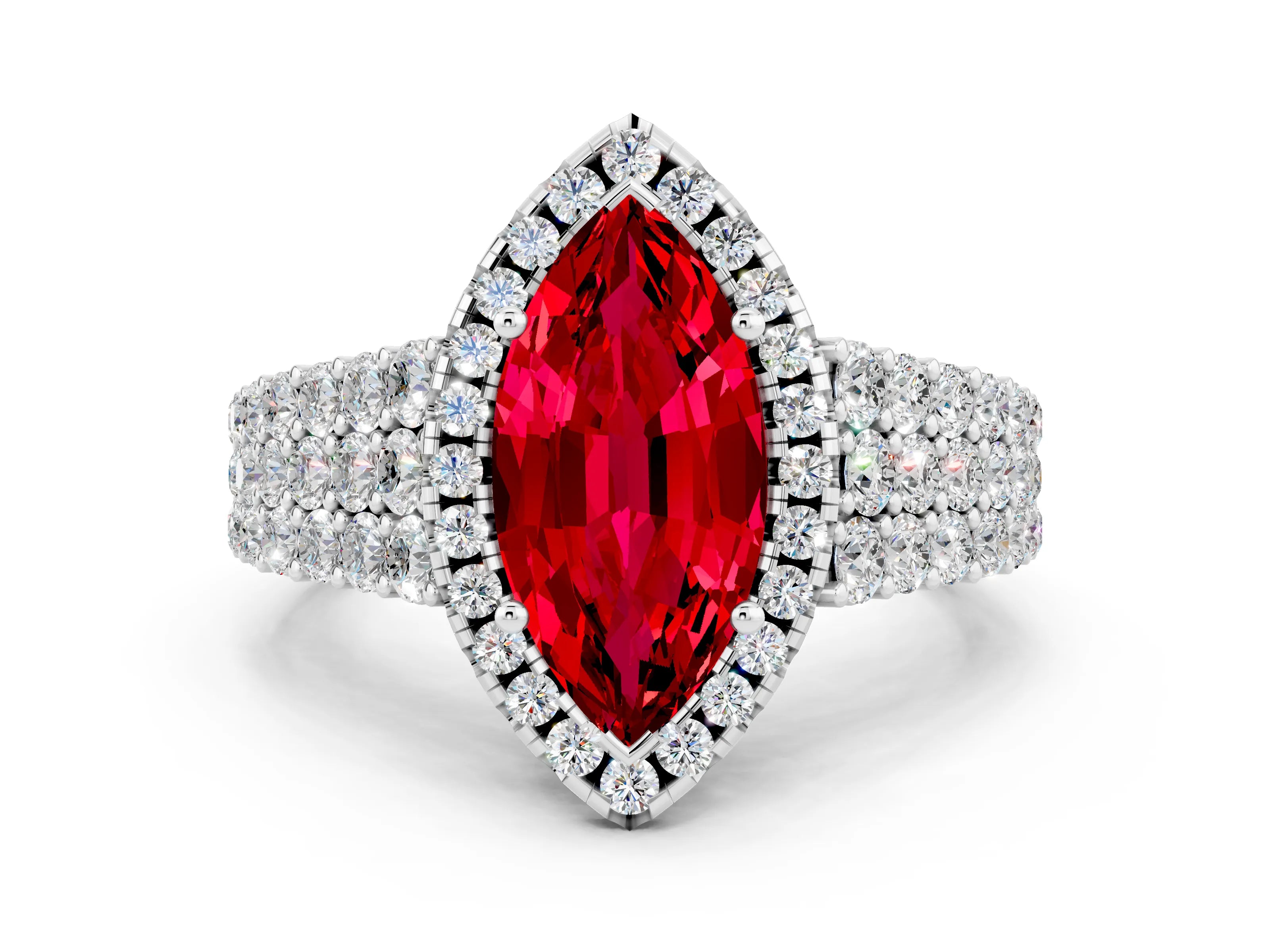 White gold Marquise Cut Halo Pavé Diamond Engagement Ring with Split Shank and Four-Prong Setting