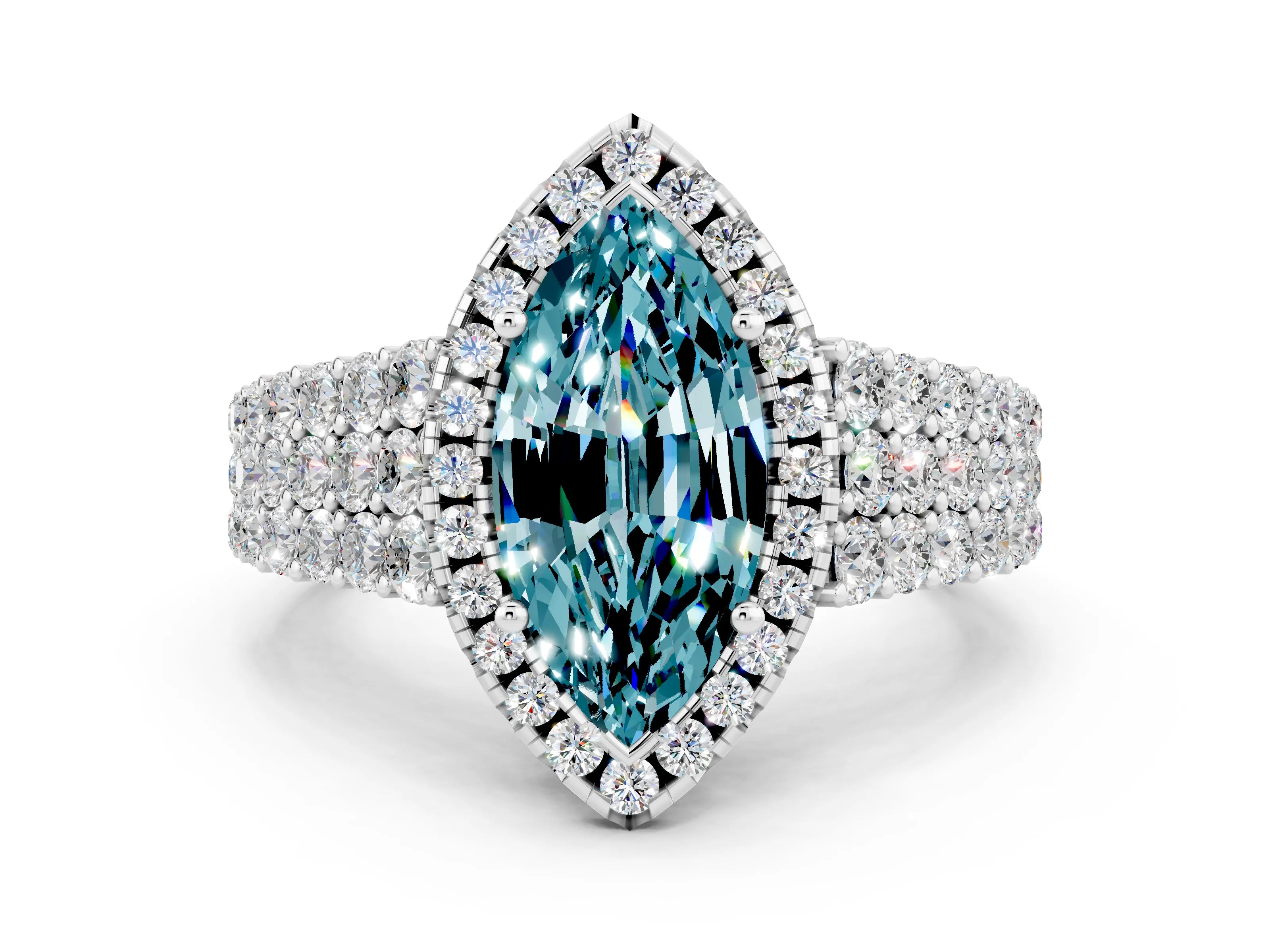 White gold Marquise Cut Halo Pavé Diamond Engagement Ring with Split Shank and Four-Prong Setting