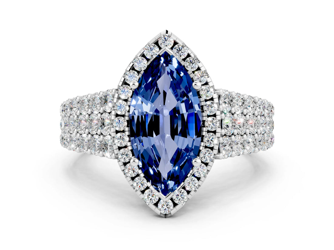 White gold Marquise Cut Halo Pavé Diamond Engagement Ring with Split Shank and Four-Prong Setting