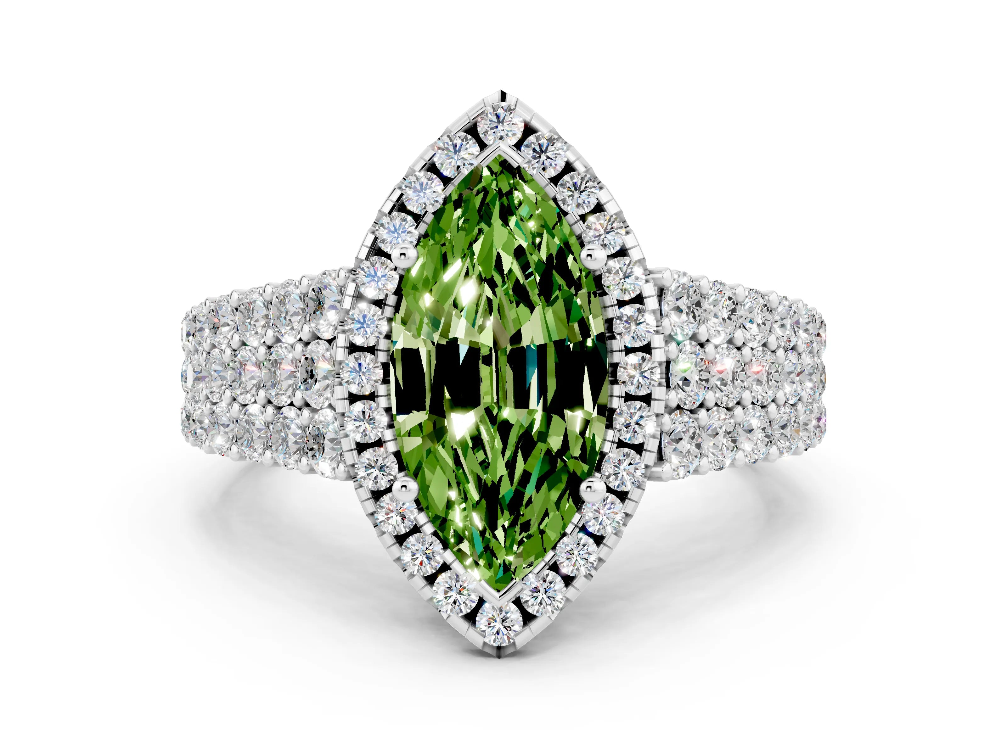 White gold Marquise Cut Halo Pavé Diamond Engagement Ring with Split Shank and Four-Prong Setting