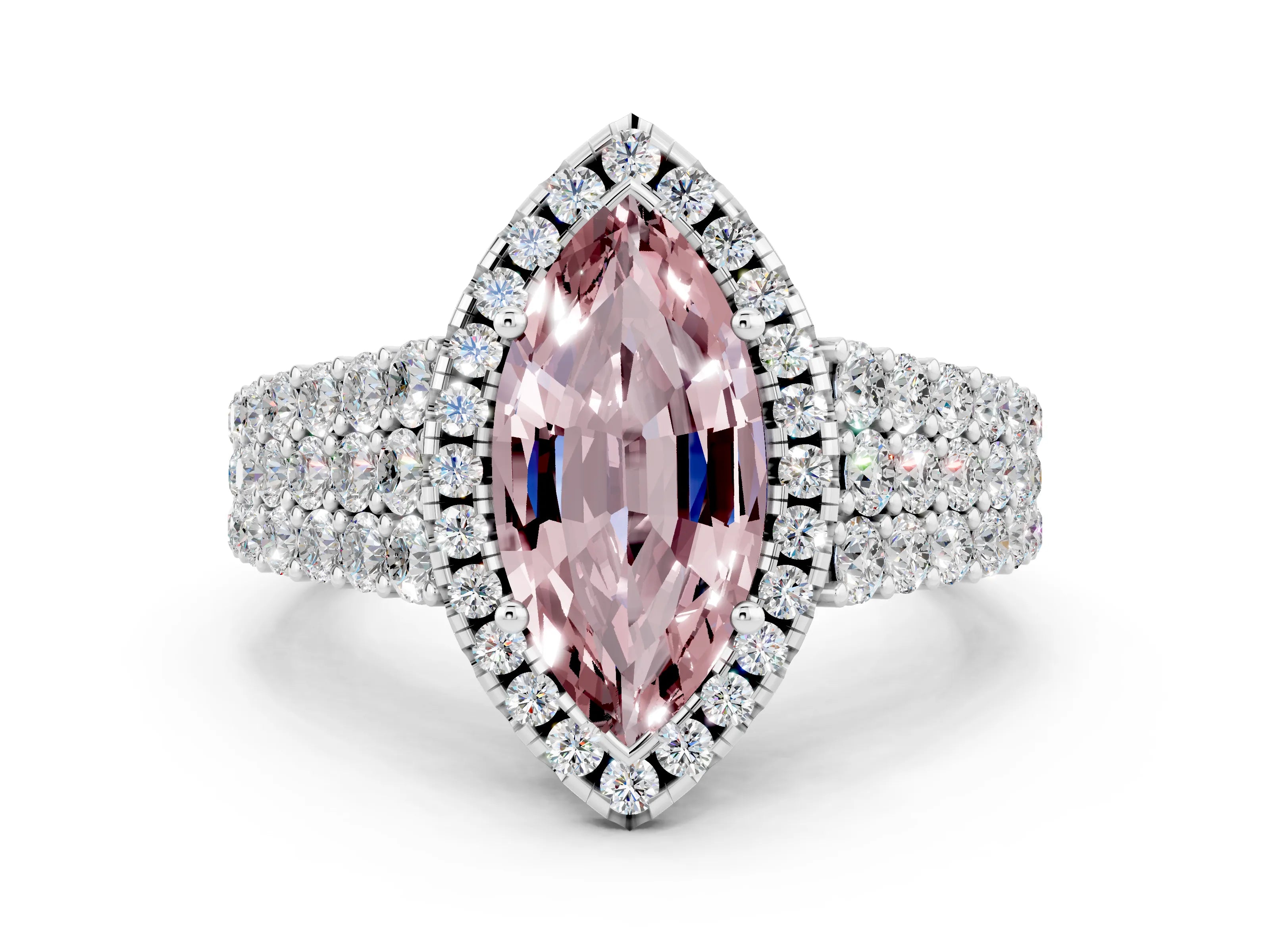 White gold Marquise Cut Halo Pavé Diamond Engagement Ring with Split Shank and Four-Prong Setting