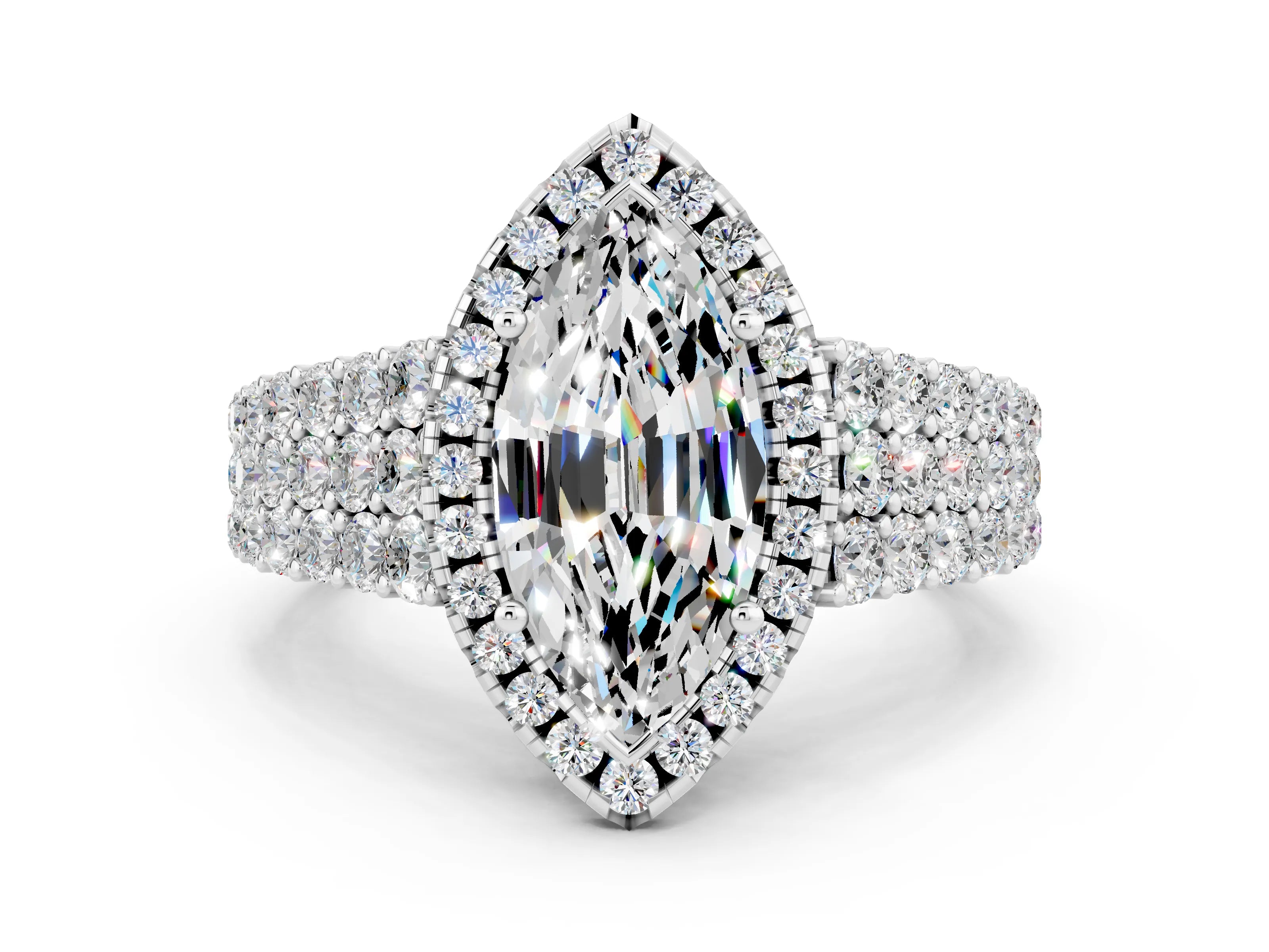 White gold Marquise Cut Halo Pavé Diamond Engagement Ring with Split Shank and Four-Prong Setting