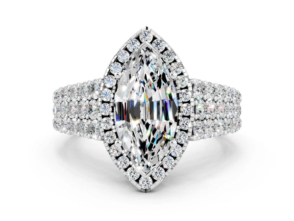 Platinum Marquise Cut Moissanite Halo Engagement Ring with Triple Row Round Pavé Band and Prong Setting
