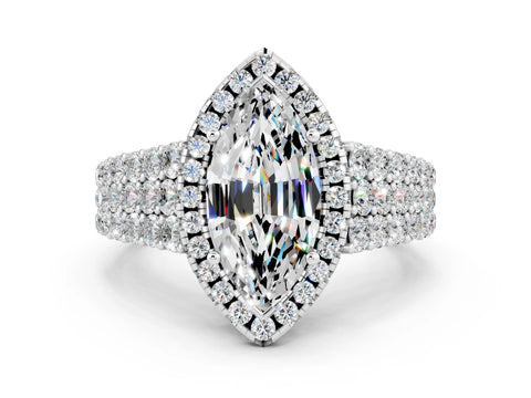 White gold Marquise Cut Halo Pavé Diamond Engagement Ring with Split Shank and Four-Prong Setting