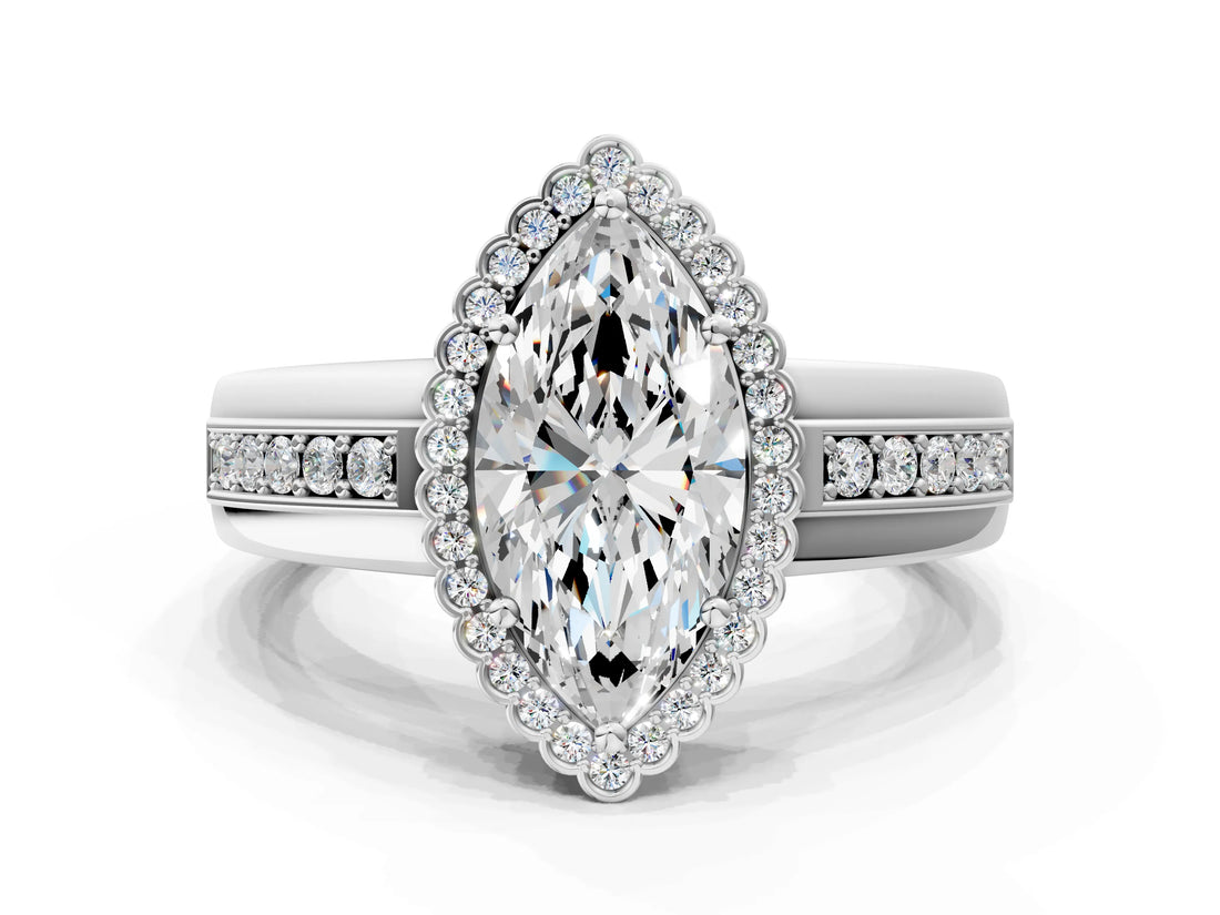 White gold Marquise Cut Halo Pave Band Four-Prong Ring_69