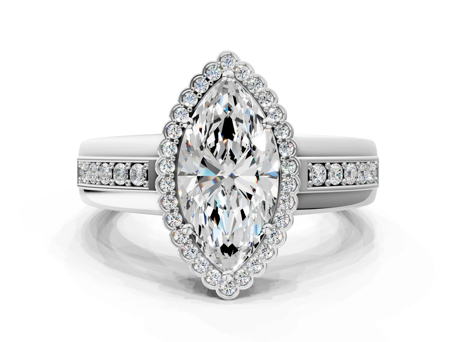White gold Marquise Cut Halo Pave Band Four-Prong Ring