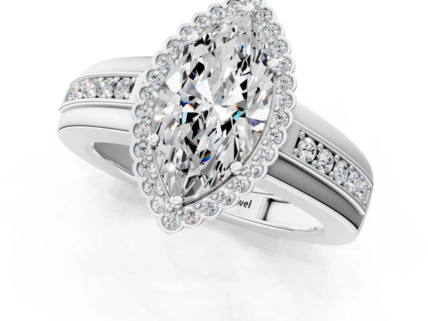 White gold Marquise Cut Halo Pave Band Four-Prong Ring