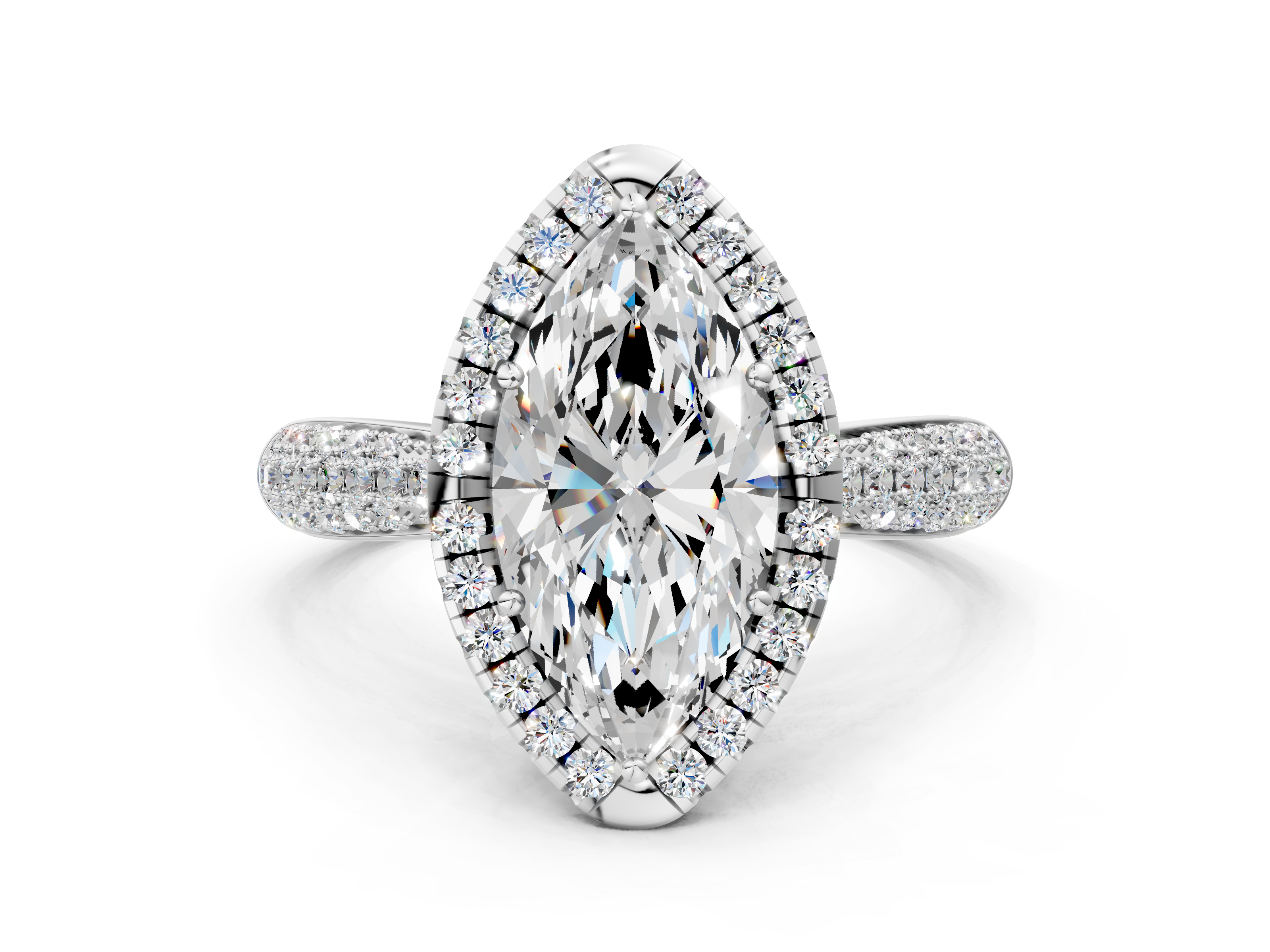 Silver Marquise Cut Halo Pave Band Four-Prong Setting Ring