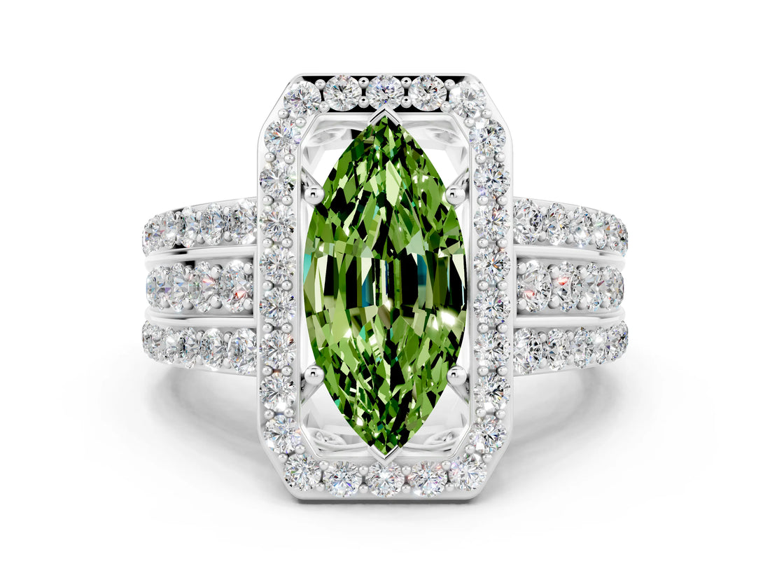 White gold Marquise Cut Halo Peridot Ring with Round  Split Shank and Prong Setting_12