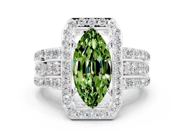 White gold Marquise Cut Halo Peridot Ring with Round  Split Shank and Prong Setting