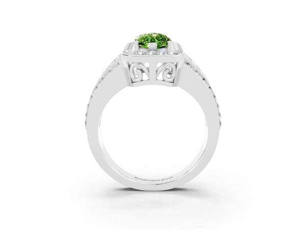 Platinum Marquise Cut Halo Peridot Ring with Round  Split Shank and Prong Setting