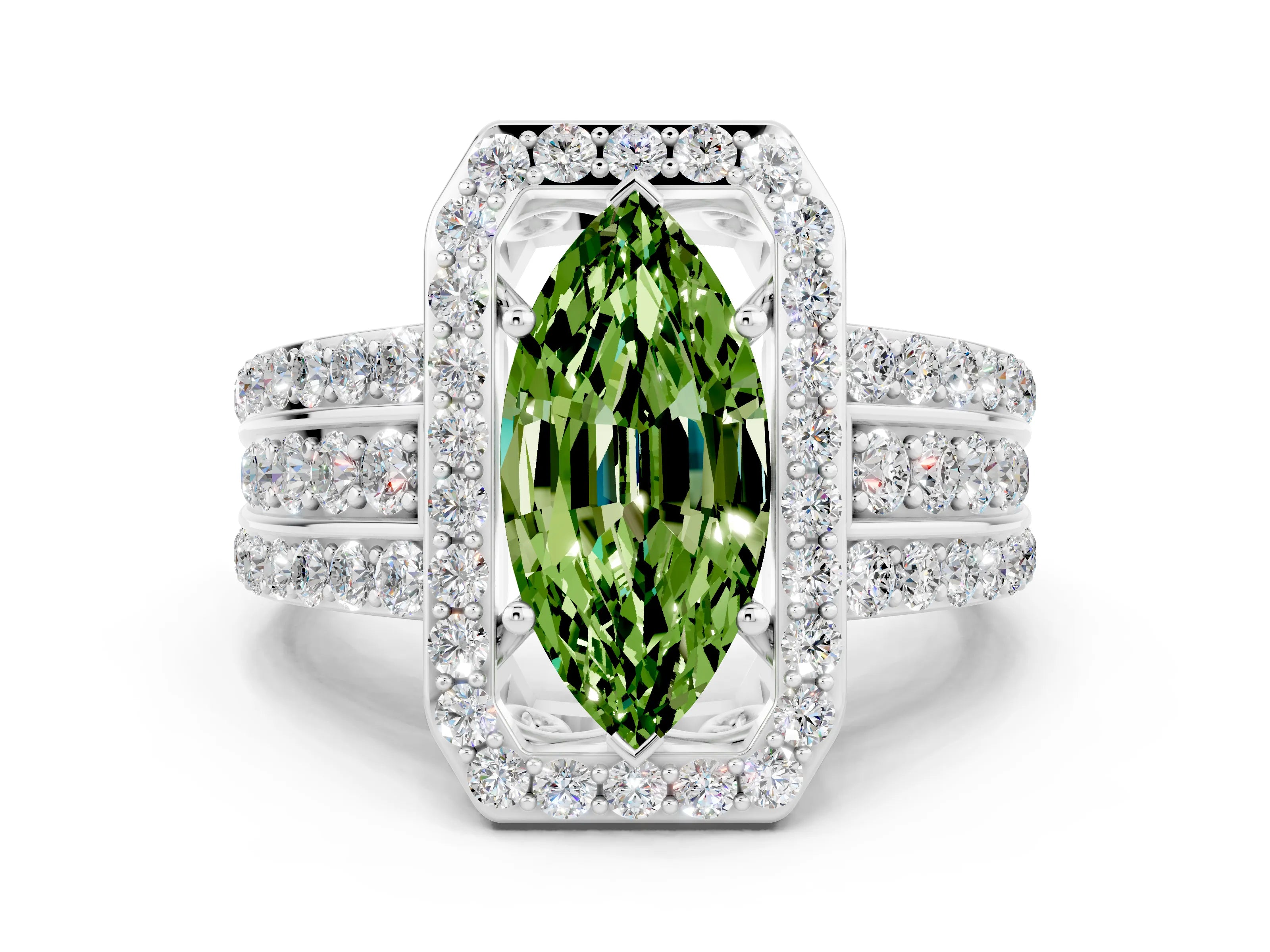 White gold Marquise Cut Halo Peridot Ring with Split Shank and Four-Prong Setting