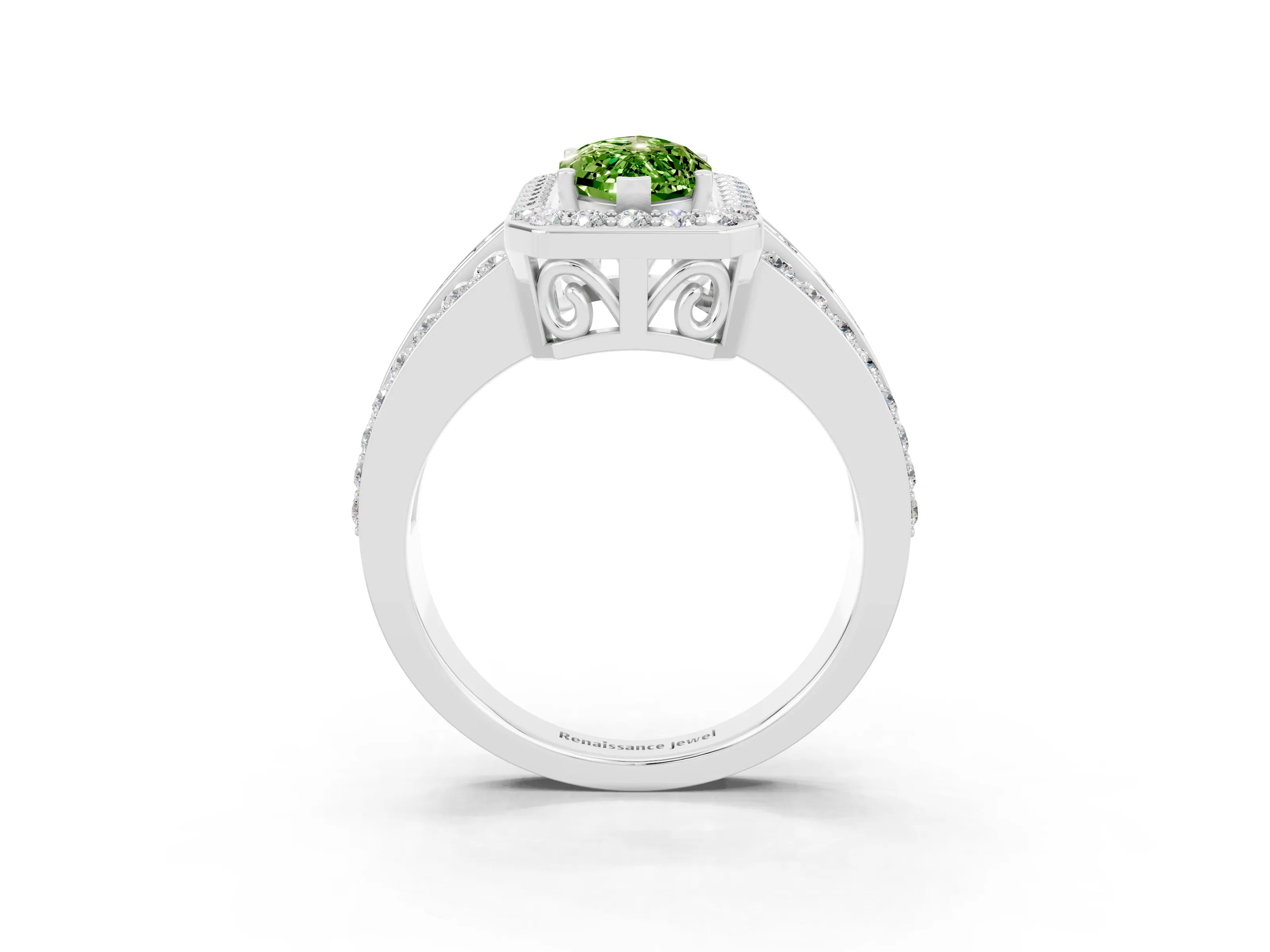 White gold Marquise Cut Halo Peridot Ring with Split Shank and Four-Prong Setting_3
