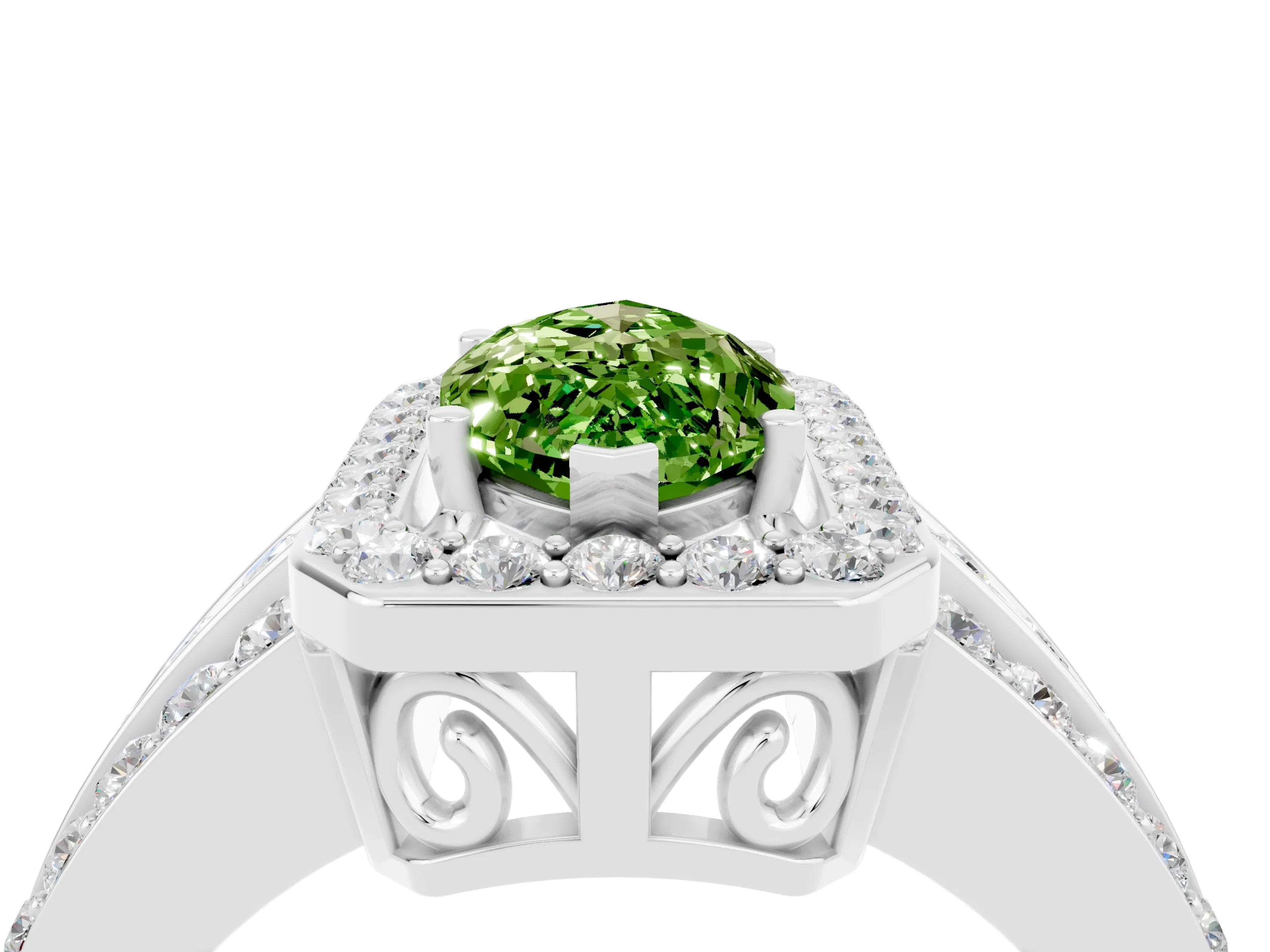White gold Marquise Cut Halo Peridot Ring with Split Shank and Four-Prong Setting_4