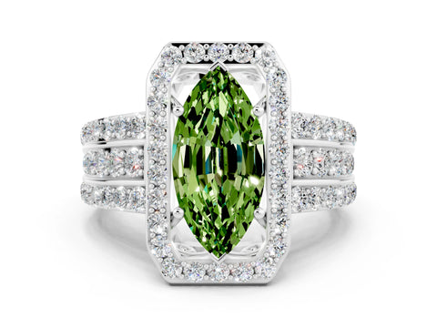 White gold Marquise Cut Halo Peridot Ring with Split Shank and Four-Prong Setting