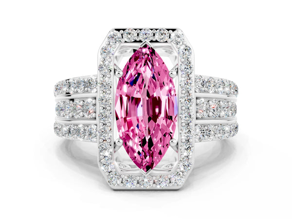 Platinum Marquise Cut Halo Pink Sapphire Ring with Round  Split Shank and Prong Setting