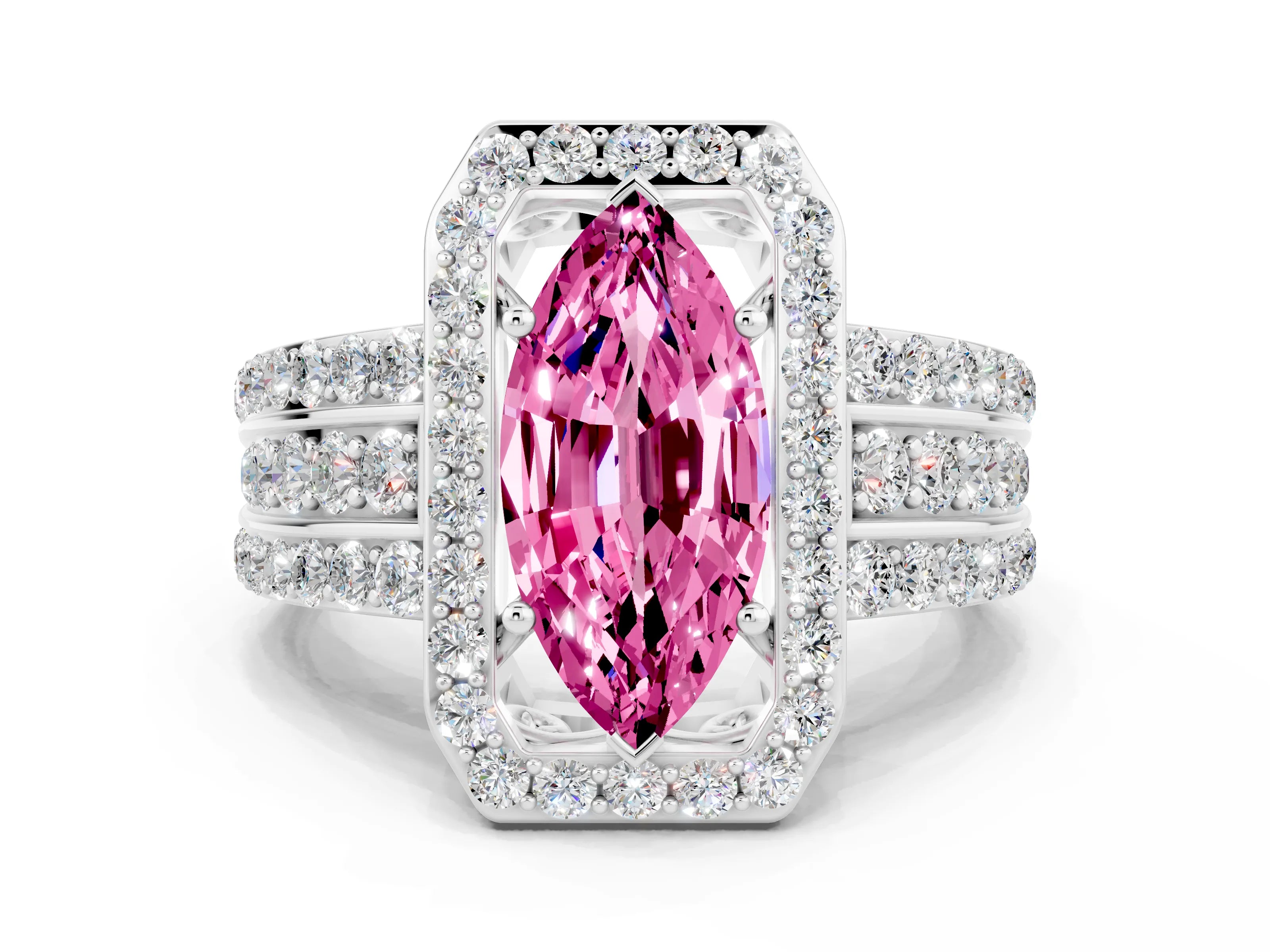 White gold Marquise Cut Halo Pink Sapphire Ring with Round  Split Shank and Prong Setting_36