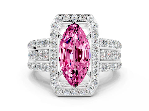 White gold Marquise Cut Halo Pink Sapphire Ring with Round  Split Shank and Prong Setting_36