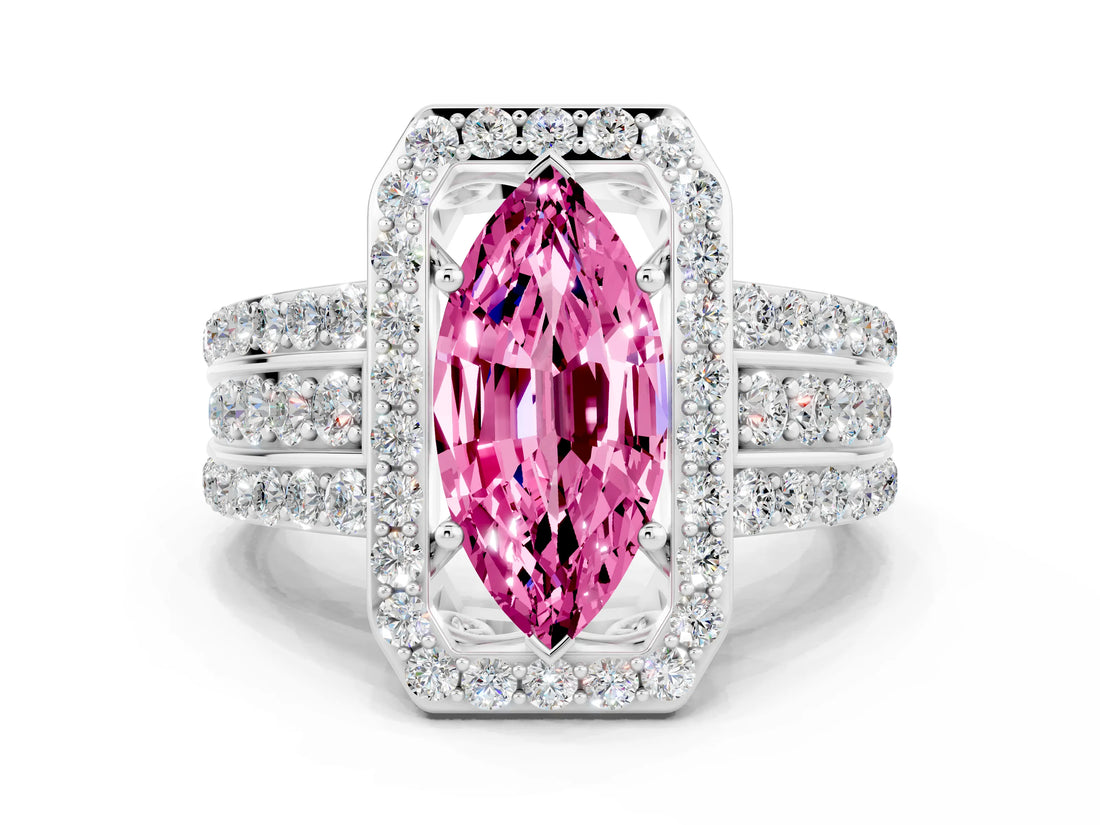White gold Marquise Cut Halo Pink Sapphire Ring with Round  Split Shank and Prong Setting_36